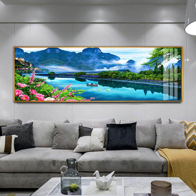 网红现代简画约客瀑厅装饰画山沙发背景墙壁水风景布财流水生墙画