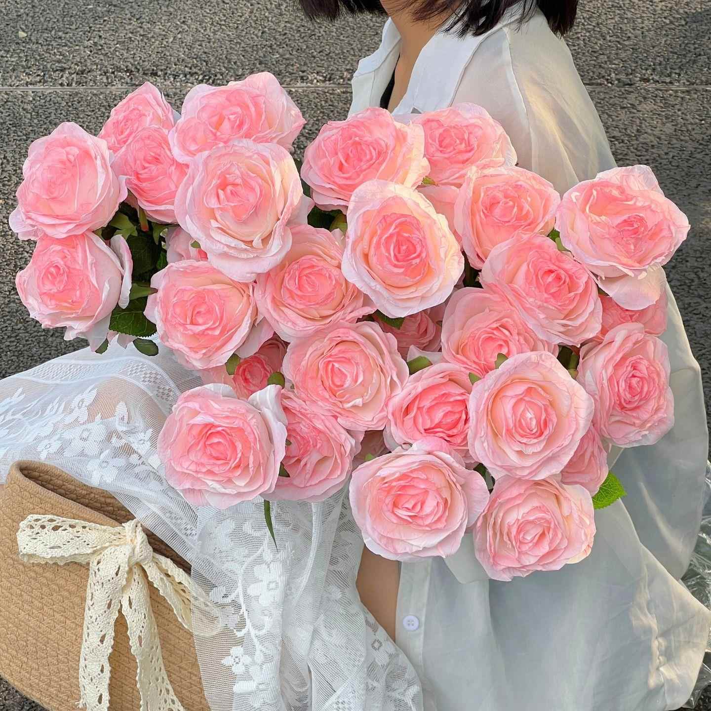 复古焦边玫瑰假花仿真花束插花高级感逼真客厅摆件餐桌装饰花摆设