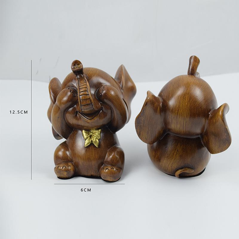不问三不小象树脂工艺品摆件书房客厅酒柜家居装饰木色创意新颖