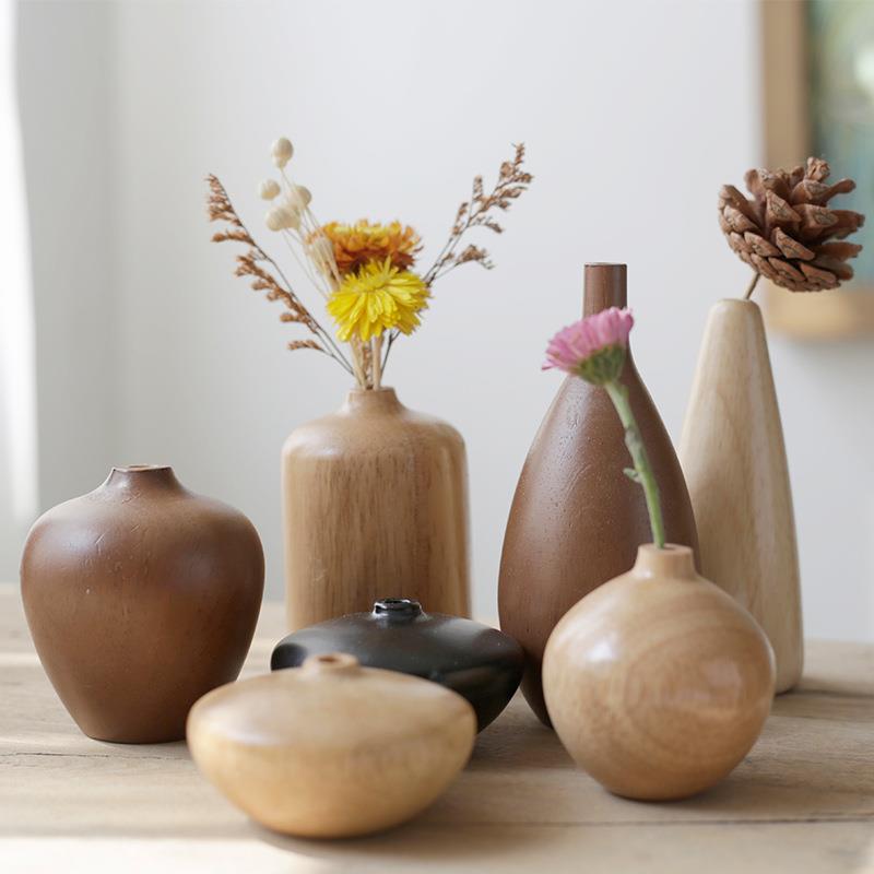 实木小花瓶迷你花器原木复古日式茶具摆件干花插中式家居饰品