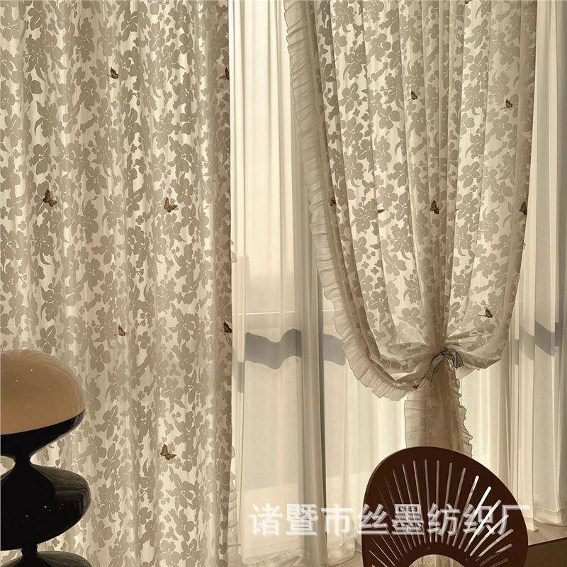法式窗帘纱帘透光不透人窗纱复古客厅蝶之影刺绣蝴蝶加厚半遮光