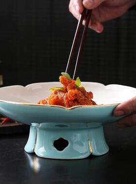 中餐厅会所私房菜餐具酒店水果盘金边镂空高脚盘陶瓷凉菜盘子9寸