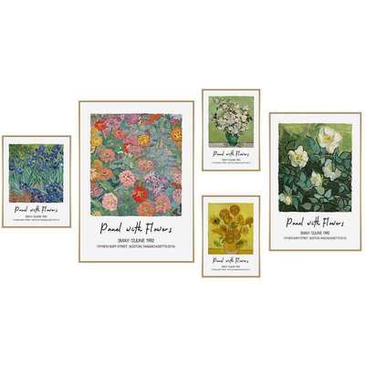 梵高装饰画玫瑰花油画沙发背景墙画丰收麦田名画艺术组合客厅挂画