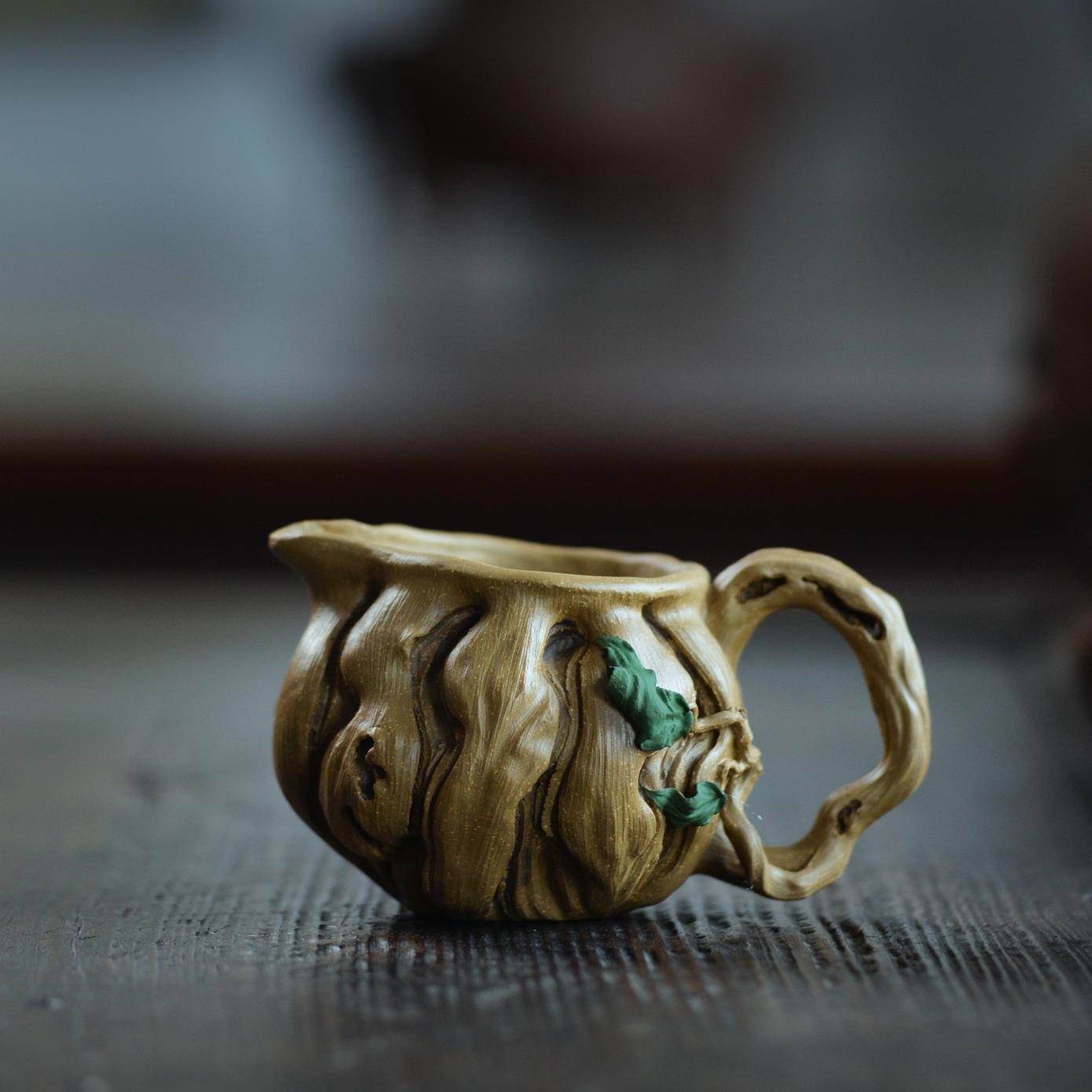 宜兴紫砂公道杯分茶器全贴花树桩带把摆件茶具