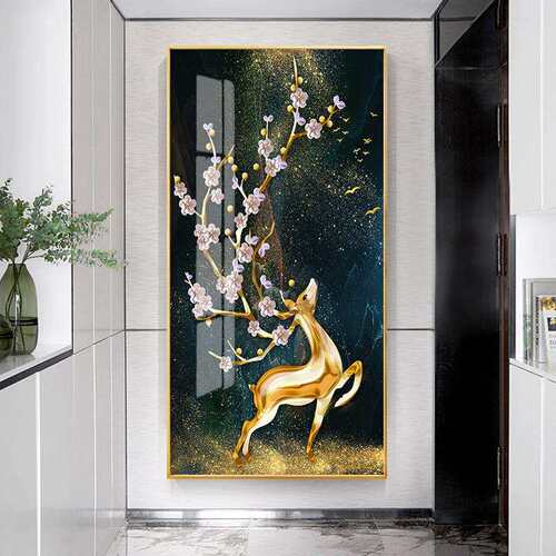 现代简约入关金鹿高升户玄装饰画竖版客麋厅鹿挂画新中式走廊过壁