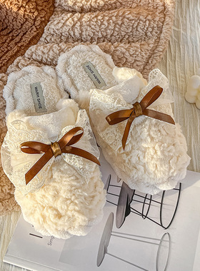 ins2026新款蕾丝蝴蝶结居家棉拖鞋韩版仙女风冬季棉拖鞋男女情侣