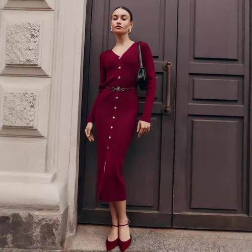 Long sleeved knitted dress, split hip sweater, cardigan