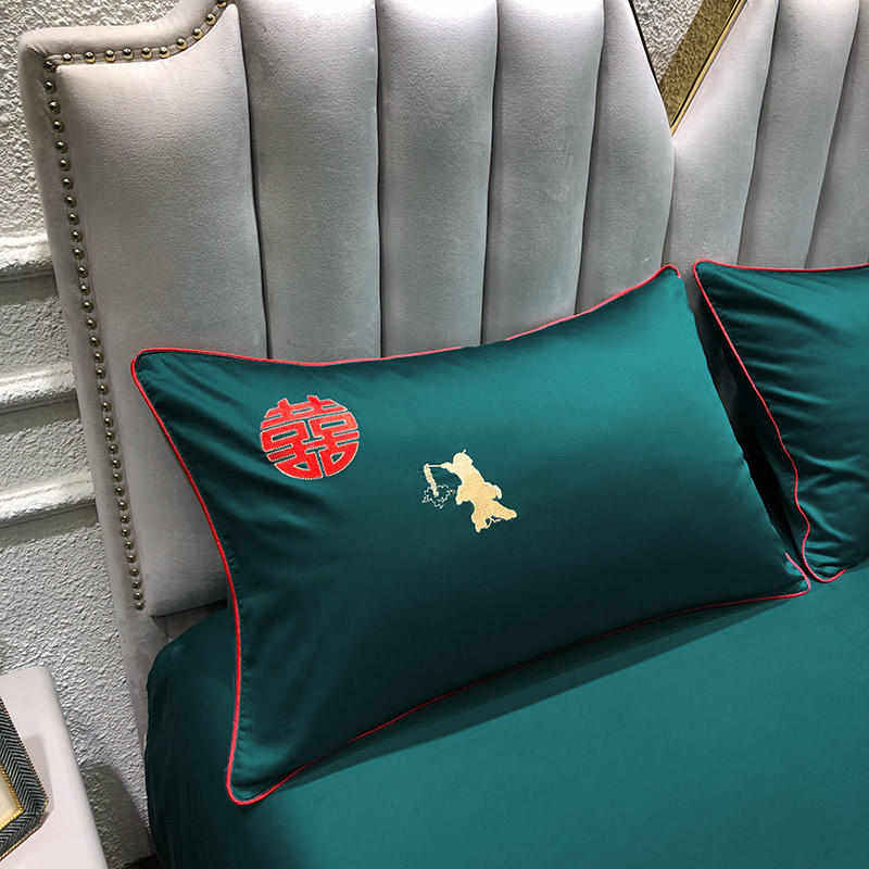 百子图婚庆被套全棉绿色新婚双人床品绣花纯棉斜纹喜被四件套定制