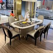 意式 轻奢宾利长餐桌椅后现代餐厅真皮一桌六椅奢华别墅大理石饭桌