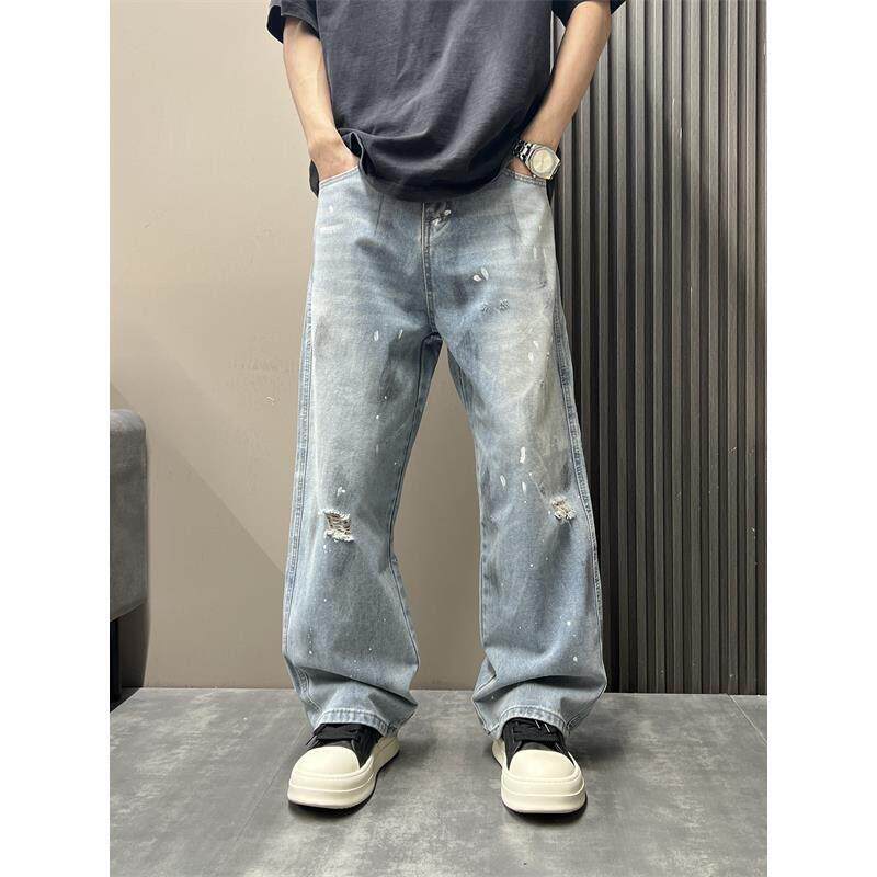 代购春夏新款破洞泼墨涂鸦复古牛仔裤男士宽松阔腿痞帅直筒拖地裤