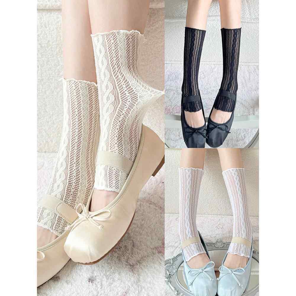 miu蕾丝袜套芭蕾风女奶白色麻花镂空堆堆袜配玛丽珍单鞋中筒腿套