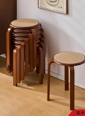 新餐款藤编实木圆凳餐凳加厚约木放凳简子家AL-82902用客厅桌木头