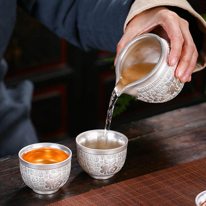 新款直销茶具礼品银茶具真银包银质瓷鎏银龙凤百福茶杯茶壶套装送