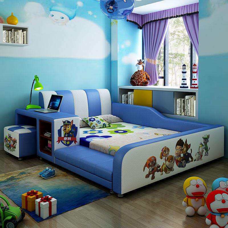 儿童床男孩女孩实木榻榻米带护栏单人床蓝色粉色公主床儿童读书床