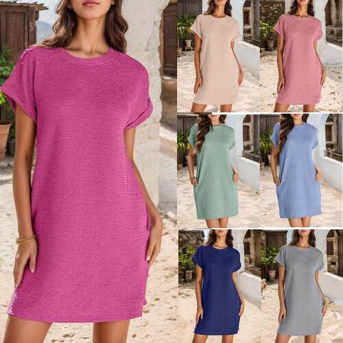 2026 European Women Round Neck Ruffled Sleeve Pocket Dress