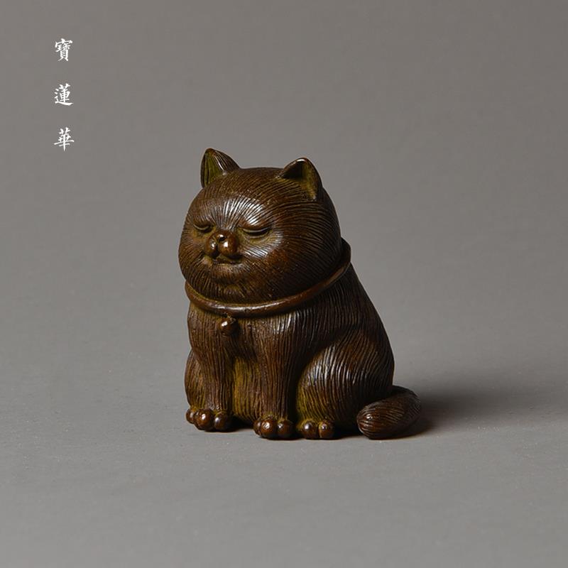 铜雕招财猫 实心全铜茶宠铜器茶玩摆件 铜制手把件文玩清供铜镇纸