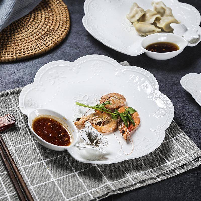 水饺盘带醋碟水饺盘欧式描金小吃盘陶瓷水饺碟早餐盘分格水果盘子