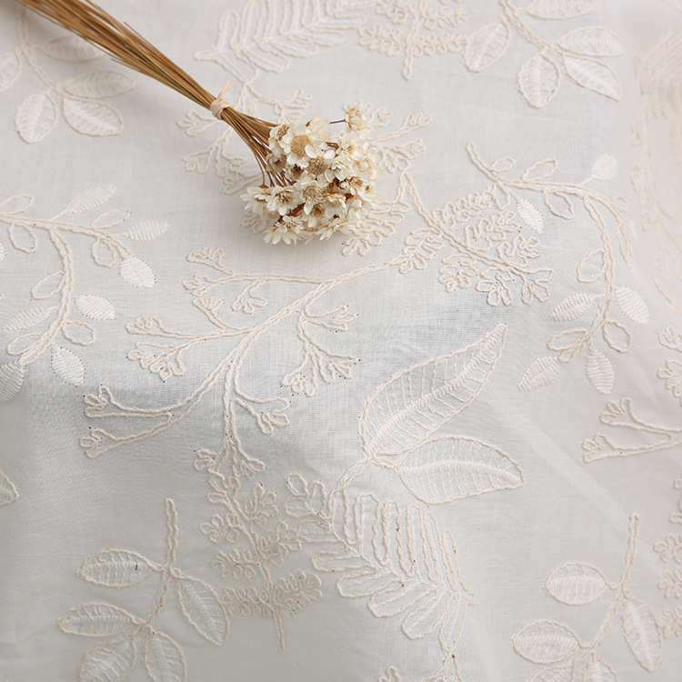 厂家供应 日系重工立体双股线棉布绣花植物刺绣DIY面料箱包女装布