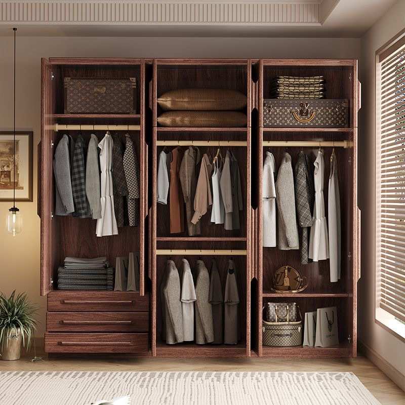 黑胡桃木实木衣柜实木家用卧室原木挂衣收纳储物柜简易衣橱轻奢款