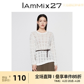 IAmMIX27套头针织衫女个性不对称开衩镂空提花白色圆领针织上衣女