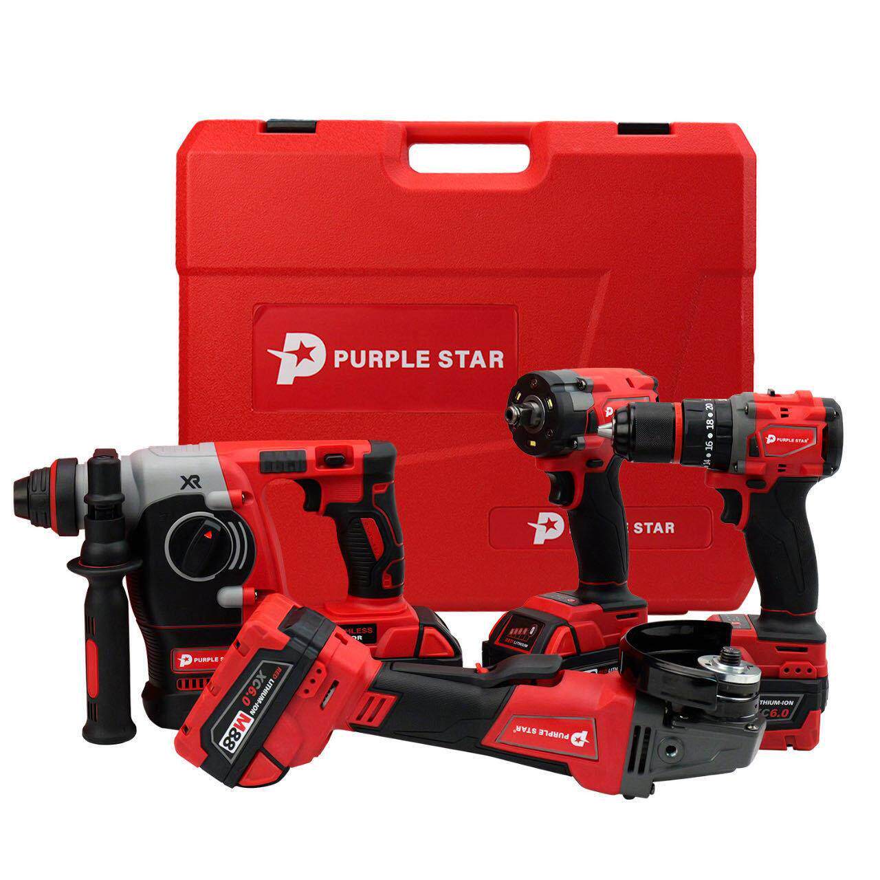 红色20v锂电工具套装电锤电钻角磨机4PC工具套装电动工具套装外贸