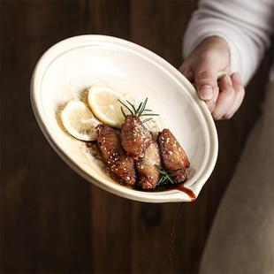 A947复古文艺陶瓷盘子带手柄防烫微波炉烤箱焗饭盘家用ins风菜盘