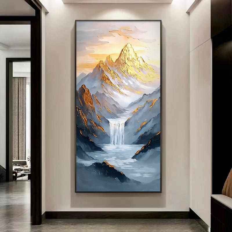 玄关手绘油画大芬村招财山水肌理画日照金山高档走廊过道挂画