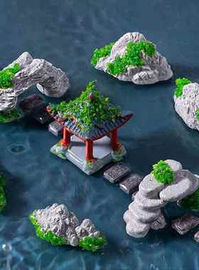 微景观小人创意可爱假山摆件树脂竹排桌面手工造景装饰品石头山峰