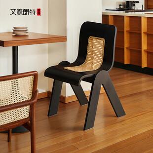 艾森朗特中古实木餐椅家用设计师靠背C椅侘寂法式覆古藤编餐桌椅