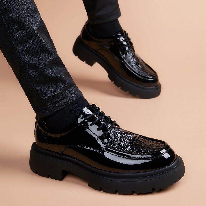 高端皮鞋男款2026新款厚底增高鳄鱼纹真皮商务正装英伦风休闲男鞋