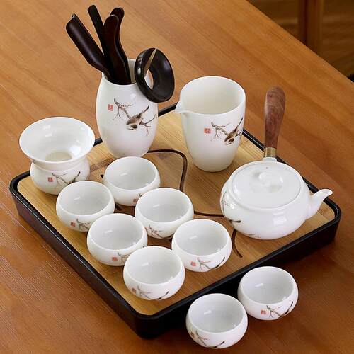 正品泡德化羊脂玉白瓷茶具套家用简功夫茶壶盖碗喝约茶杯茶道洗整
