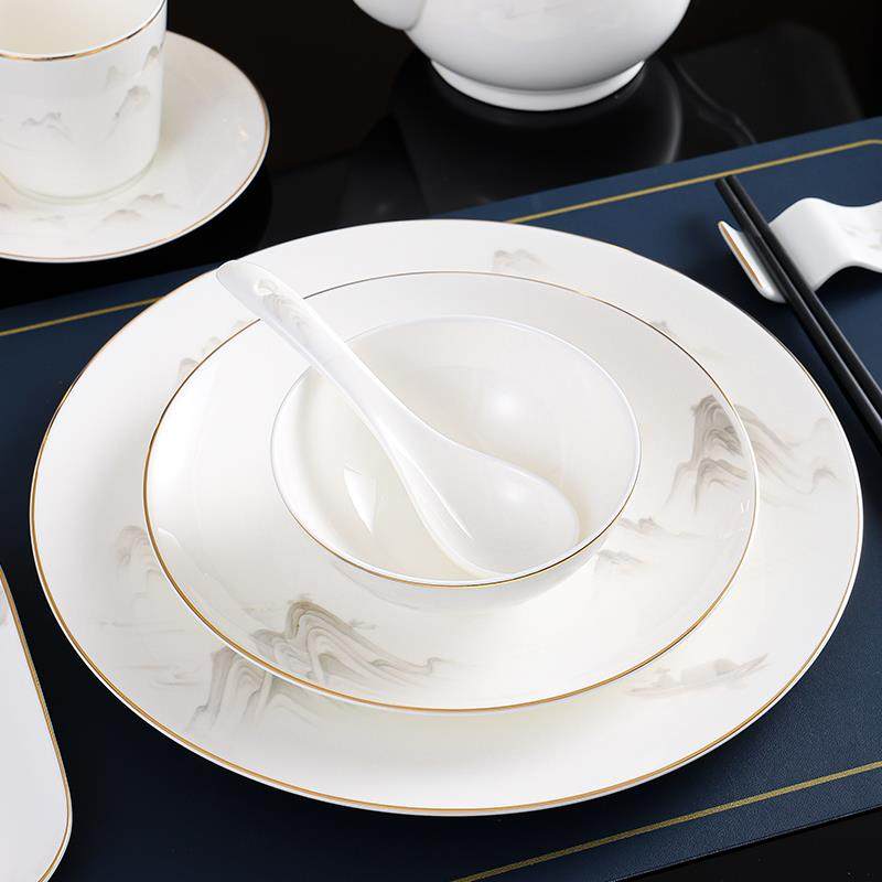 酒店餐具套装釉上彩骨瓷碗盘勺新中式简约私房菜会所山水高档摆台,餐饮具,盘,淘宝优惠券,粉丝福利购,淘宝优惠卷