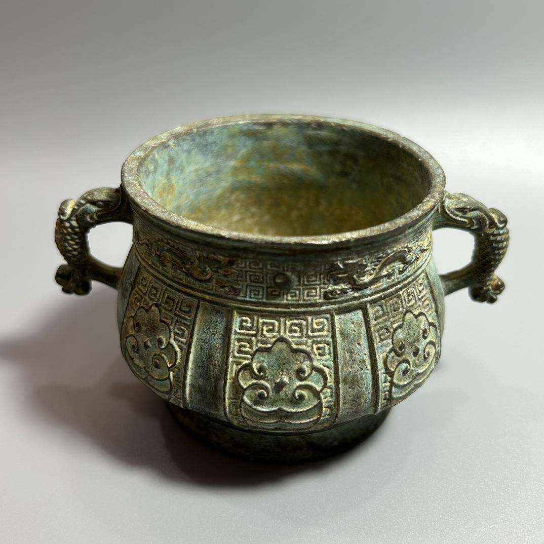 古玩杂项仿古夏商周人面兽鼎双耳兽杯古代青铜酒杯酒具摆件青铜器