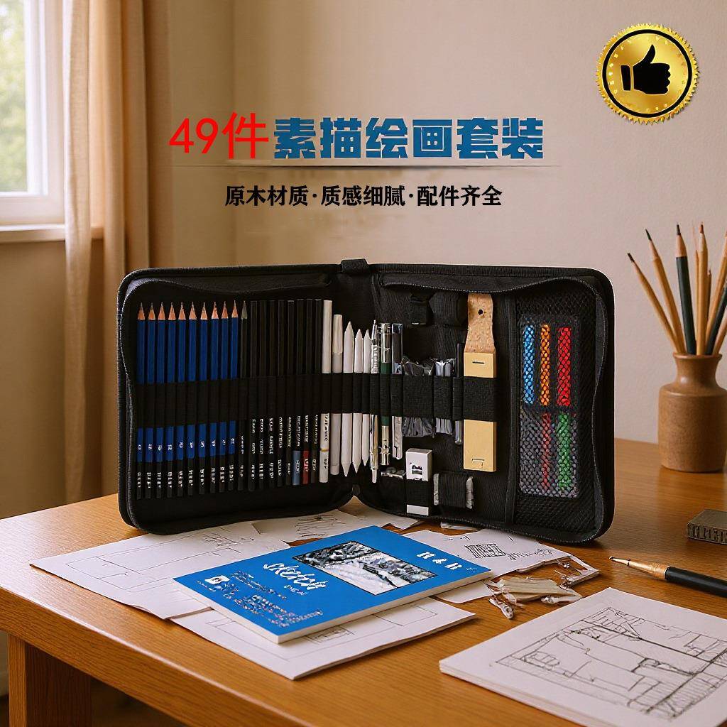 H&B49件素描绘画套装绘图炭笔美术画笔工具高光笔铅笔木制