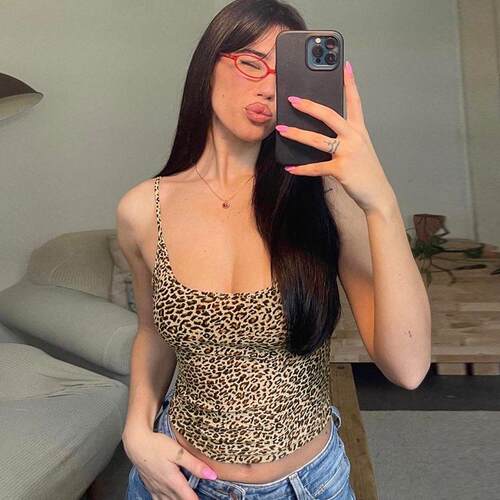 Women's Leopard Print Backless Crop Cami Top Fit Adjustable
