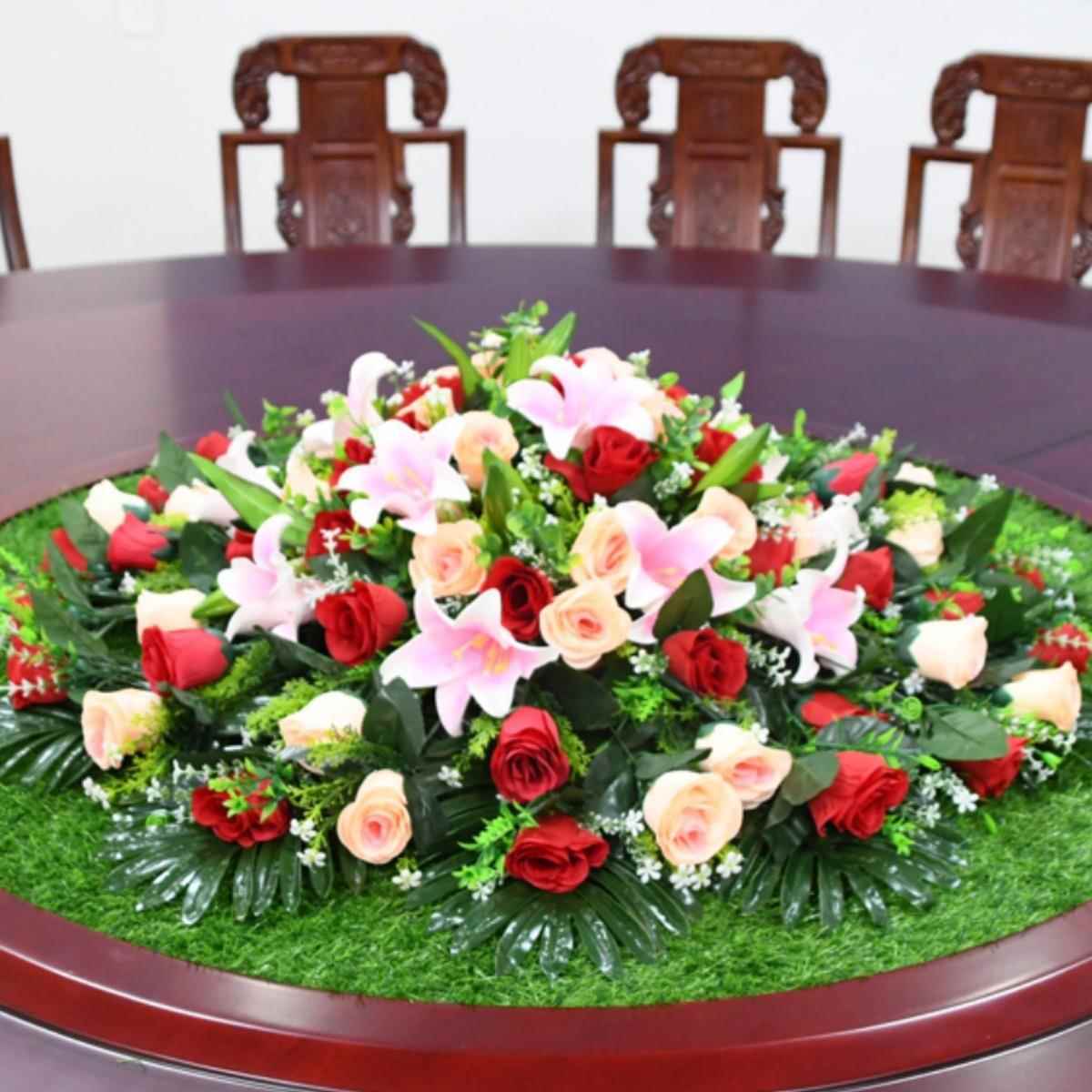 LBG餐桌大圆桌中间装饰摆件人造花圆形假转盘绢花草坪草花毯仿真