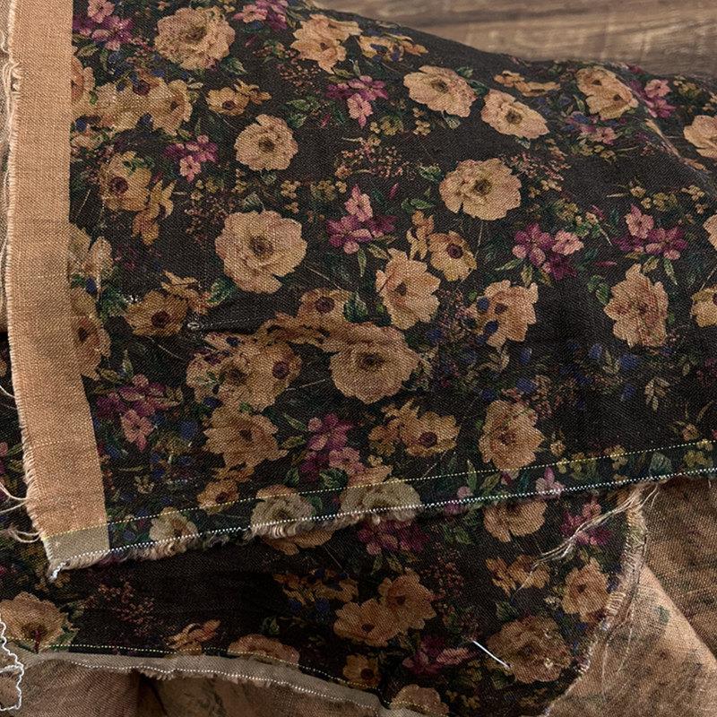 布久以逅复古砂洗做旧纯亚麻印花布连衣裙旗袍衬衫服装面料  花海
