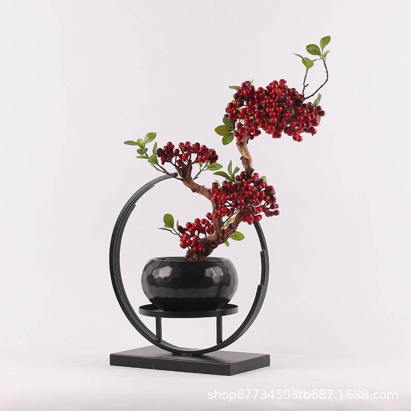 新中式红色果子仿真植物盆景样板间酒店玄关售楼处盆栽装饰品摆件