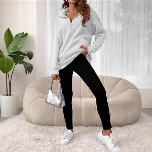 Women Zipper Color Pullover Sweatshirt Casual Sleeve Drop