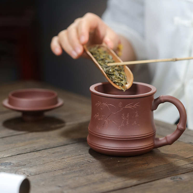 批发紫砂盖杯宜兴全手工刻绘竹节紫砂杯三件套办公室泡茶杯茶具