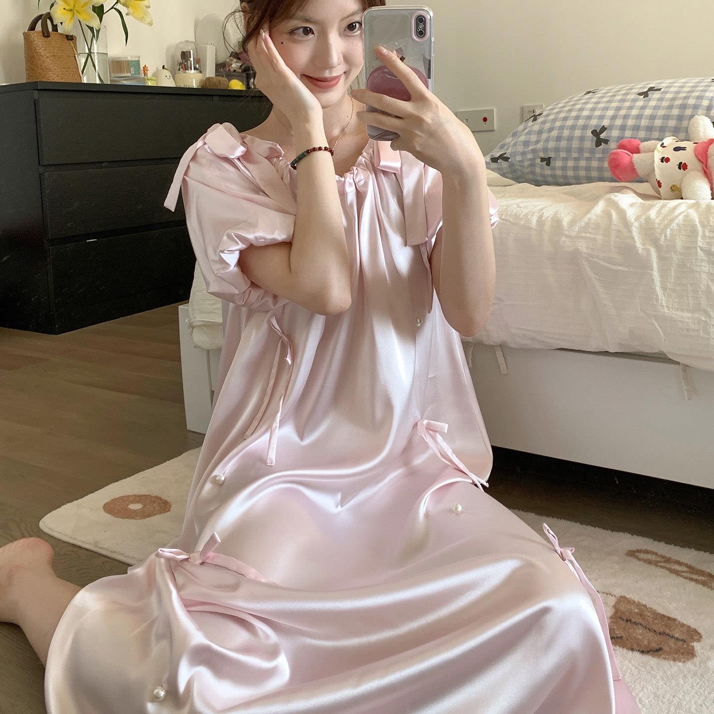 甜美立体蝴蝶结冰丝绸睡裙女夏季2025新款高级感睡衣家居服洋装