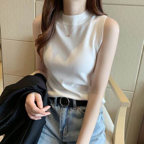 Women'S Halter Neck Sleeveless Knit Top Pure Color
