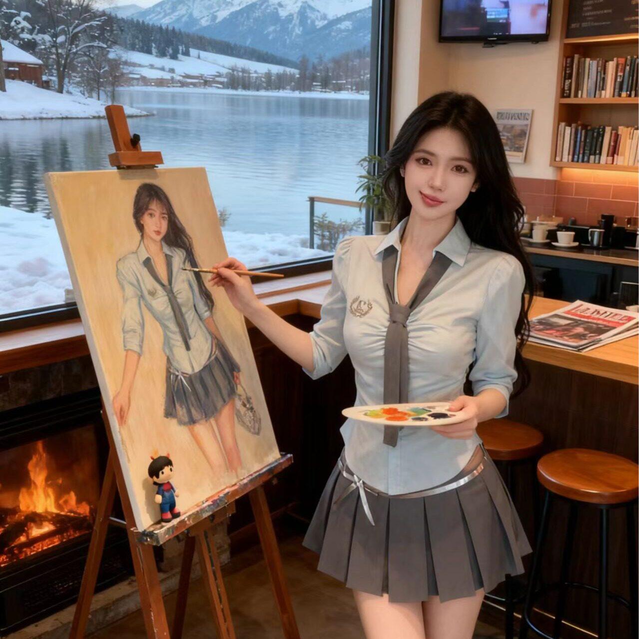 套装制服蓝色刺绣领衬衫上衣女春夏百褶半身裙子两件套2026