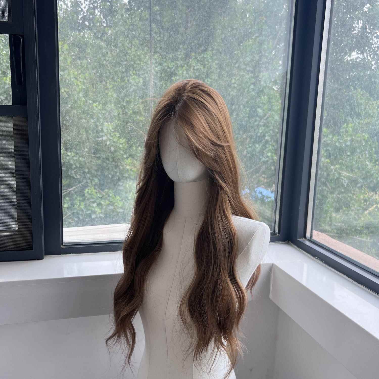 新款直销科尼假发女全头仿真发前蕾丝亚麻金棕色水波纹假发透气轻
