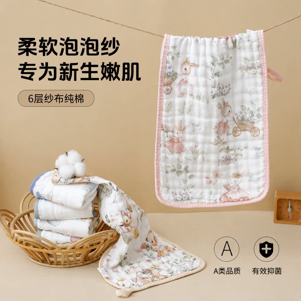 6层纱布纯棉毛巾宝宝口水巾婴幼儿新生儿洗澡擦脸柔软A类无荧光剂
