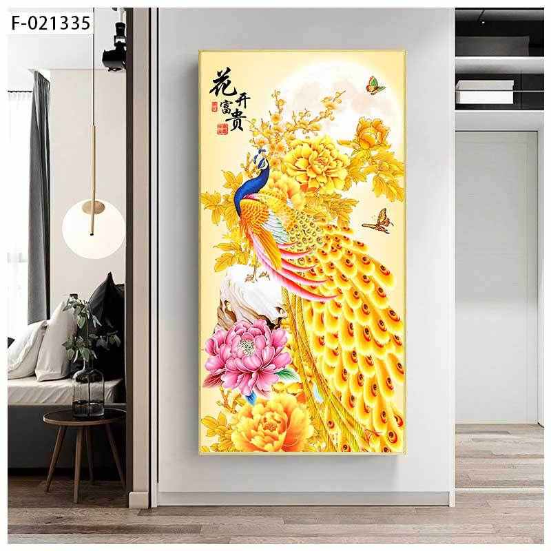 装饰画孔雀客厅走廊过道竖版入户玄关画酒店床头画晶瓷镶钻挂画图片