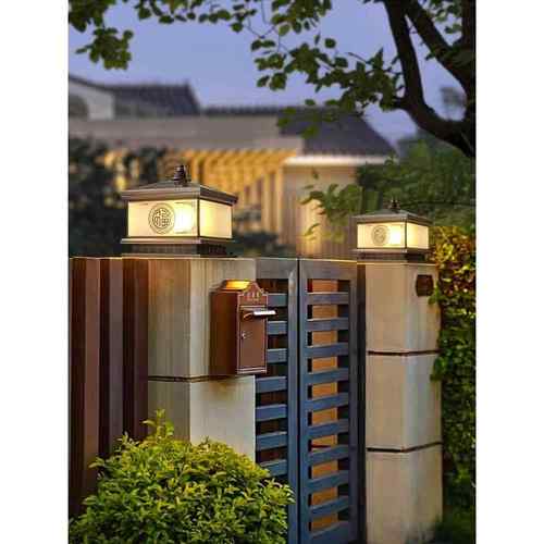 中式全铜太阳能柱头灯户外庭院灯别墅大门灯门柱灯围墙柱子灯古典