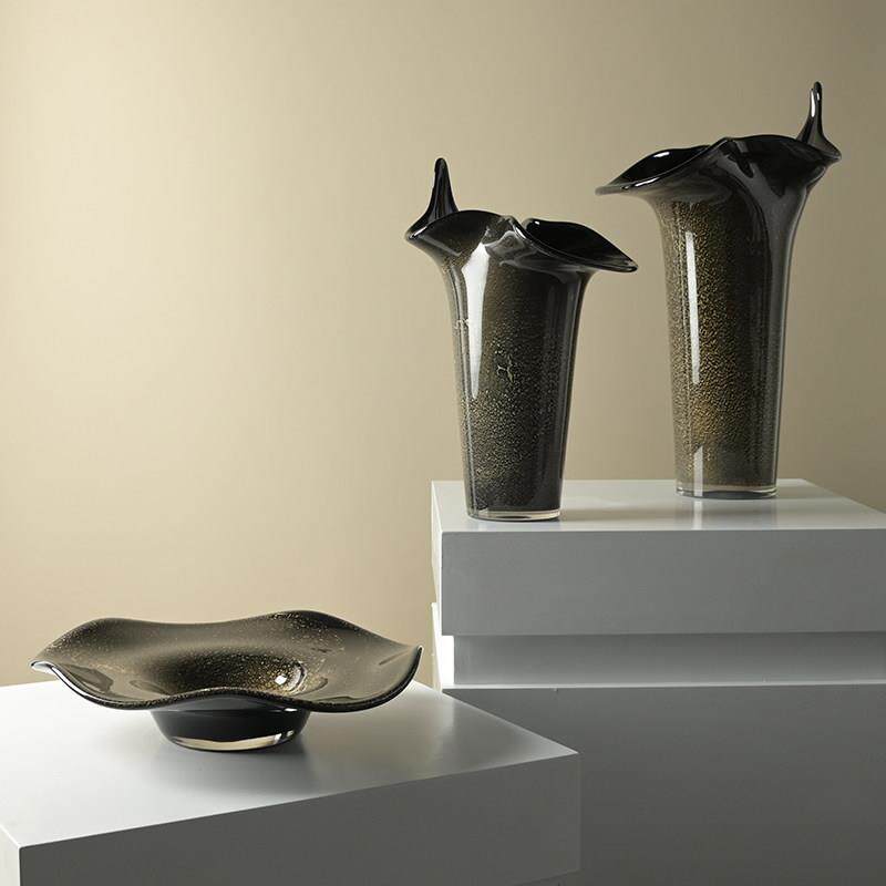 黑色花瓶意式极简餐桌花瓶玻璃玄关装饰品鲜花器客厅茶几果盘摆件