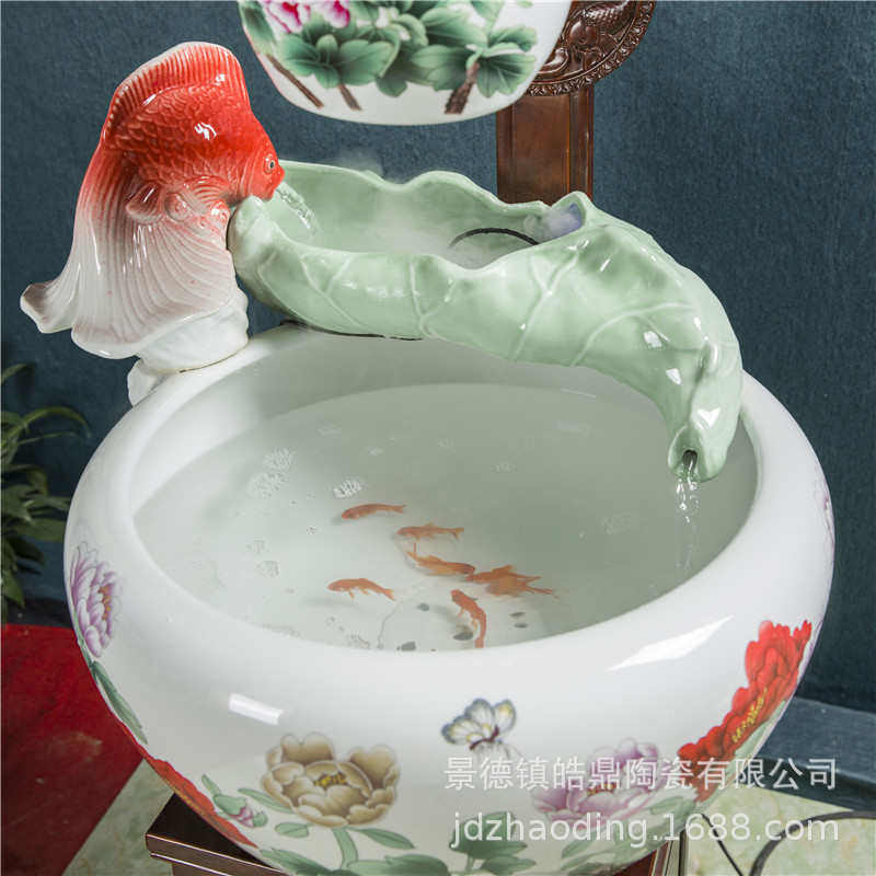 中式陶瓷流水鱼缸大号青花实木带灯雾化喷泉鱼盆 客厅办公室摆件