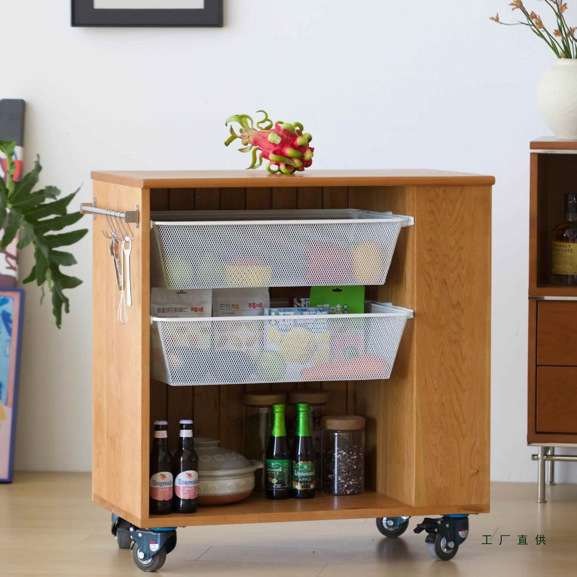 移动岛台 实木厨房小推车吧台茶水柜樱桃木中岛台餐边柜
